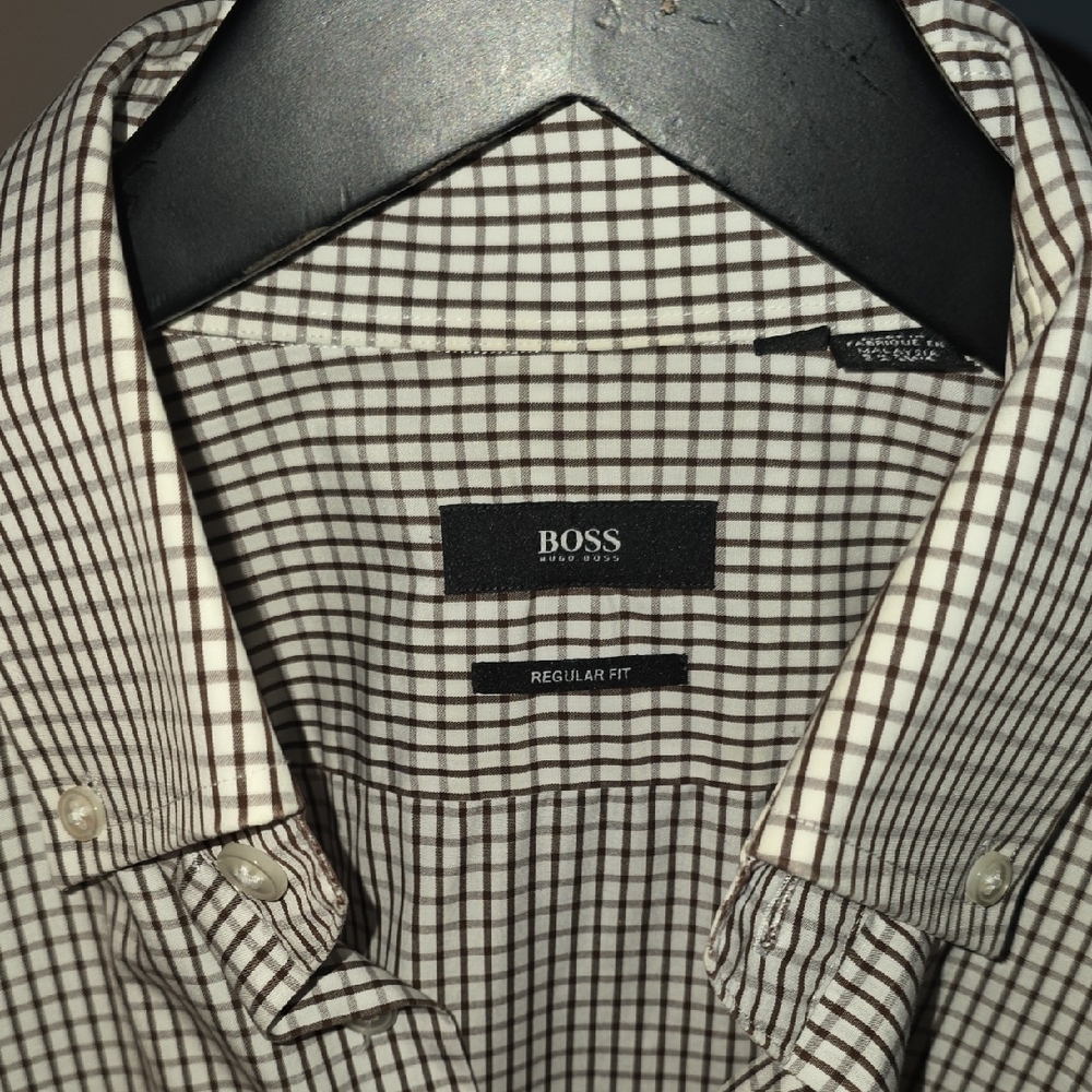 BOSS Men's Checkered Shirt - Brown and White